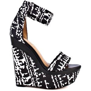 L.A.M.B. Black and White Printed Platform Wedge Sandals